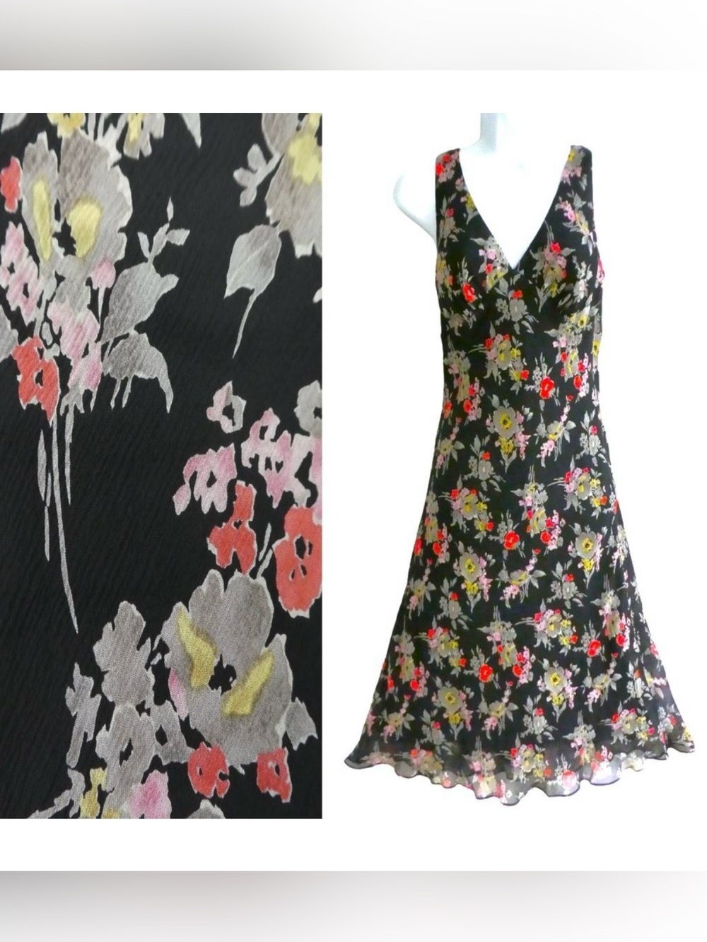 SiLK Calvin Klein Midi Black Floral Slip Dress Lined Bias Cut Flowy Sheath Vtg 2